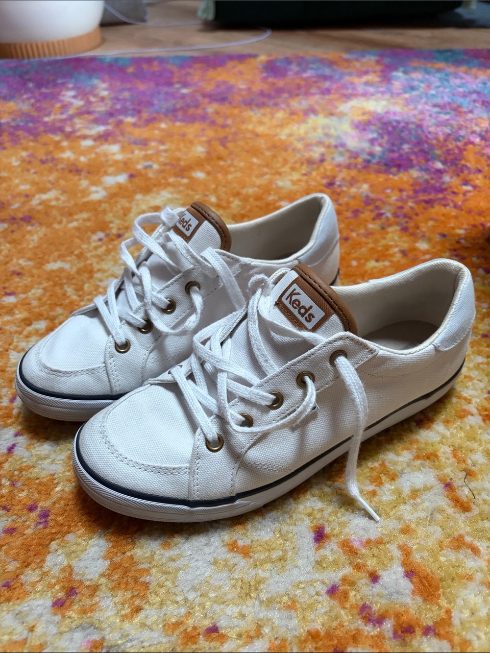Keds Womens White Canvas Sneakers with Brown Logo Tab